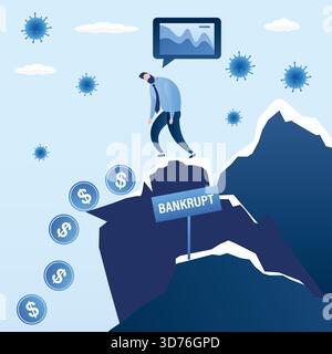 Unhappy businessman or investor bankrupt stands on cliff. Sad male character with big finance problems. Money coins is falling from mountain. Financia Stock Vector