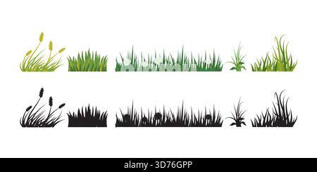 Set of different bushes and grass with flowers. Green plants and black silhouettes isolated on white background. Natural flora grows in park or garden Stock Vector