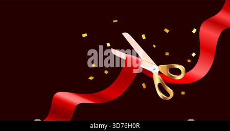 Grand opening with golden scissors cutting a red ribbon, surrounded by confetti on a dark background. Vector illustration Stock Vector
