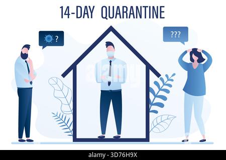 14-day quarantine concept banner. Businessman at home, mask on face. Self-isolation, suspected viral infection. Male character on coronavirus quaranti Stock Vector