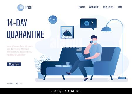 14-day quarantine landing page template. Employee at home, freelance, online working. Self-isolation, suspected viral infection. Male character on cor Stock Vector