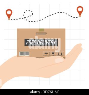 Parcel box on hand. Cartoon hand holding package. Free delivery concept background. Route with pointers. Body part close-up. Flat vector illustration Stock Vector