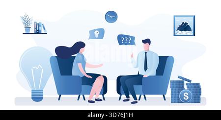 Business negotiations. Businesspeople sitting in armchairs. Office room interior. Male investor talking to beauty businesswoman with new startup idea. Stock Vector