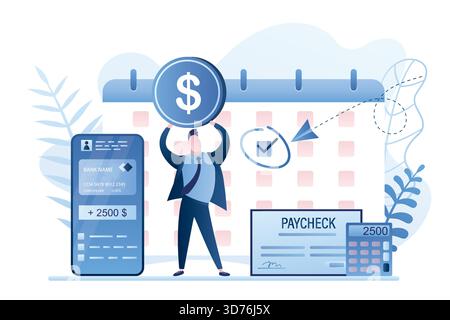 Payday concept. Calendar with date, calculator and businessman holding dollar coin. Paycheck and calculator. Happy male employee get salary. Cellphone Stock Vector