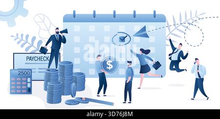 Boss pay salaries to employees. Payday calendar, calculator, paycheck and businessman use loudspeaker. Happy workers group getting paycheck cash. Funn Stock Vector