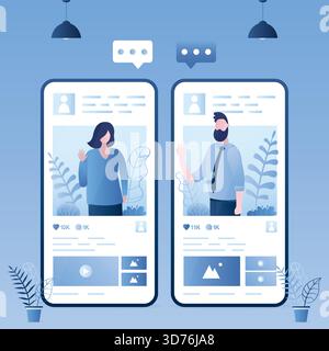Acquaintance and communication through social networks. Social media application on smartphone screens. Cute characters talking. Online technology, gl Stock Vector