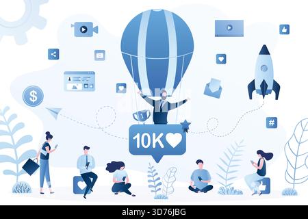 Happy man flies in a balloon, getting many likes. Successful profile in social networks. Various people followers gives like and hearts. Social media Stock Vector