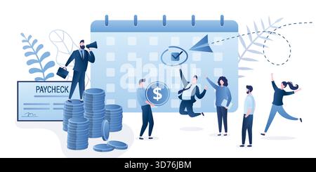 Boss pay salaries to employees. Payday calendar, calculator, paycheck and businessman use loudspeaker. Happy workers group getting paycheck cash. Funn Stock Vector