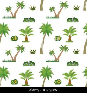 Seamless pattern with palm trees,grass and bushes. Cartoon texture with green tropical plants. Natural flora elements on white background. Decoration Stock Vector