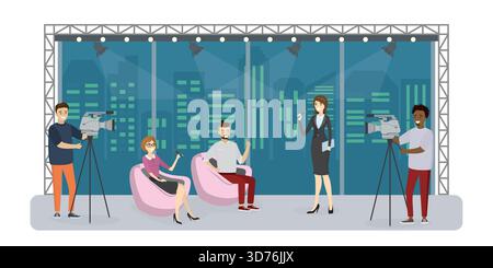 TV talk show. Cartoon woman presenter and guests talking in modern television studio. Cameramen create video content. Interview, media entertainment. Stock Vector