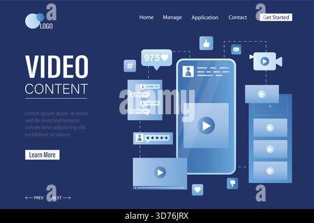 Create and view video content, landing page template. Modern mobile phone with app buttons on display. Social media profile and video, messengers appl Stock Vector