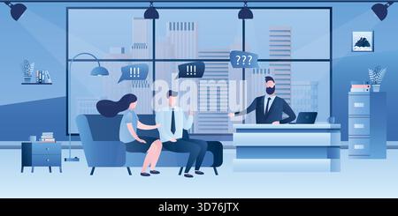 Talk show on tv. Male journalist and guests talking in modern television studio. Interview, online media entertainment. TV studio interior with furnit Stock Vector