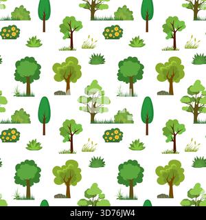 Seamless pattern with trees,grass and bushes. Cartoon texture with green plants. Natural flora elements on white background. Decoration template. Flat Stock Vector