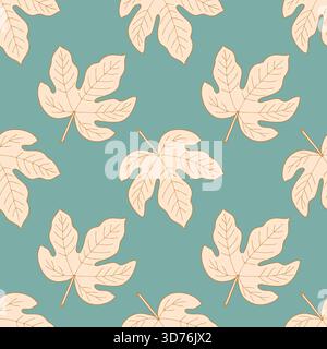 Botanical pattern of light figs leaves gold contour on pastel blue background. Vector illustration Stock Vector