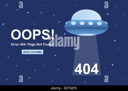 Ufo spaceship with lights. Message 404 error page not found. Aliens rocket in trendy blue colors. Funny webpage or landing page template. Flat vector Stock Vector