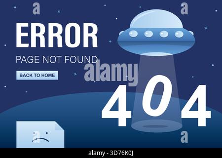 Ufo spaceship with lights. Message 404 error page not found. Aliens rocket in trendy blue colors. Funny webpage or landing page template. Flat vector Stock Vector
