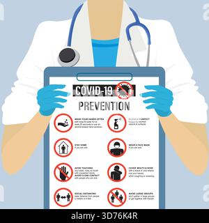 Infographic of prevention coronavirus banner template. Wash hands, avoid touching face, disinfect and stay home. Woman doctor warn about flu outbreak, Stock Vector