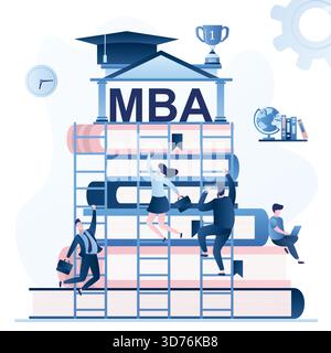 Education process concept background. Pile of books, businesspeople climbing on stairs to success. MBA degree on top. People learning and improve skil Stock Vector