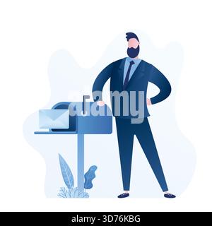 Businessman stands by the mailbox and receives letters and notifications. Handsome male subscriber receive email. Digital marketing concept. Online co Stock Vector