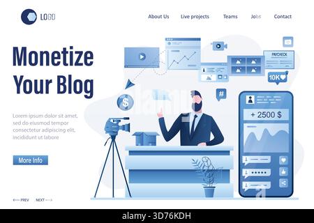 Monetize your blog landing page template. Handsome man blogger create video content. Unboxing video, product review. Male vlogger on workplace. Smartp Stock Vector