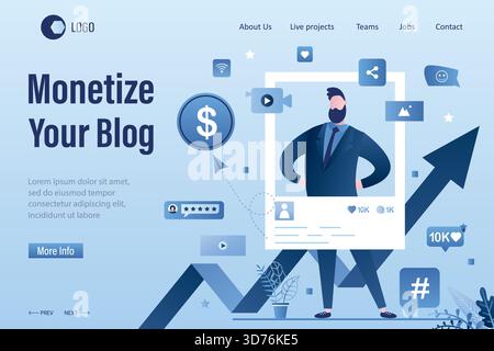 Monetize your blog landing page template. Handsome businessman blogger create video content. Advertising revenue growth. Male vlogger on workplace. On Stock Vector