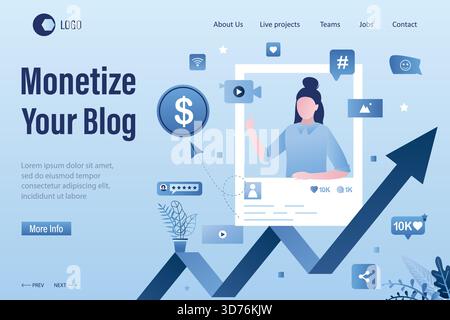 Monetize your blog landing page template. Beauty woman blogger create video content. Advertising revenue growth. Female vlogger on workplace. Online b Stock Vector