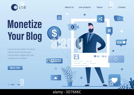Monetize your blog landing page template. Businessman blogger create video content. Advertising revenue. Male vlogger on workplace. Online business,ma Stock Vector