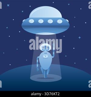 Night alien world landscape and ufo spaceship with beam of light on starry sky background. Android welcomes. Funny ufo robot or cyborg  in light. Tren Stock Vector