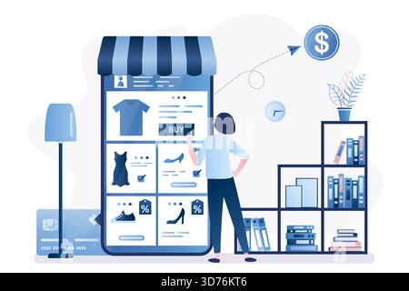 Online shopping concept. Smartphone app, pages with products selection, payment for purchases. Internet shopping, fashion woman use mobile phone. Orde Stock Vector
