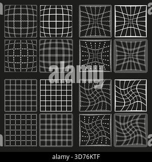 Warped grid patterns. Distorted square tile. Dark background Vector. Abstract geometric design. EPS 10. Stock Vector