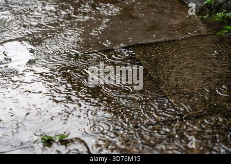 Raindrops Creating Ripples on Wet Pavement Surface Stock Photo