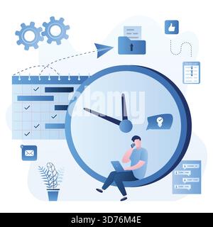 Time management and deadline concept. Man employee sitting on big watch. Workflow, multitasking and work planning. Male character and business signs i Stock Vector