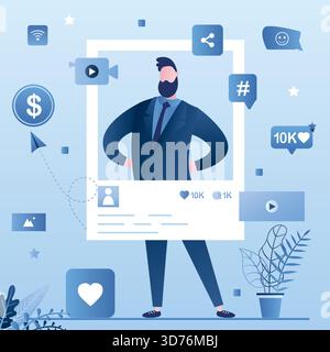 Popular celebrity account. Social media page and icons. Handsome man create video content. Online technology, video blogging. Monetization, Internet m Stock Vector