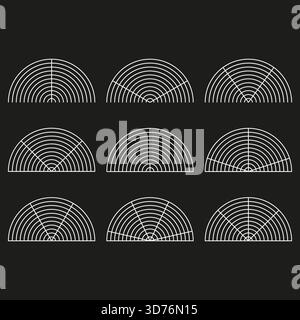 Radial grid pattern. Half circle shape. White outline Vector. Dark background element. EPS 10. Stock Vector
