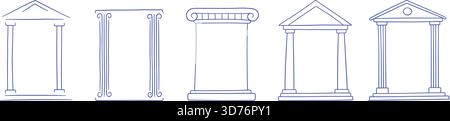 Doodle frame in antique Greek style. Hand drawn Roman pillar and Greek column. Ancient museum doodle icon. Hand drawn line border and frame set Stock Vector