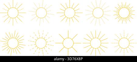 Set of yellow sun icons. Sun sign simple outline image collection. Clip art, vector elements Stock Vector