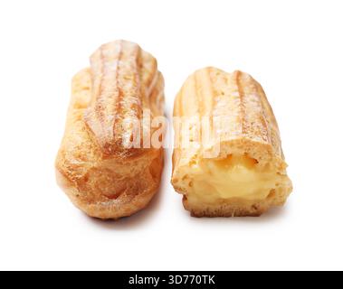 Delicious eclairs with custard cream isolated on white Stock Photo