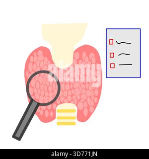 thyroid test with magnifying glass with test report result interpretation finding disease Stock Vector