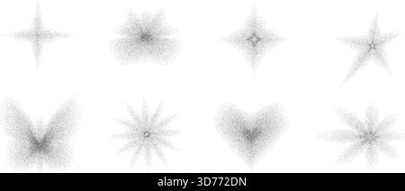Grain spray radial gradient y2k shapes. Dot noise gradation flowers, star, butterfly, heart. Y2k retro stippling forms. Butterflies, daisy spray icons Stock Vector