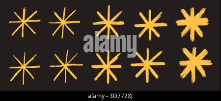 Asterisk star yellow icon shapes. Irregular snowflakes elements set. Abstract chalk drawn stars collection. Uneven ink brush snow flakes. Simple twink Stock Vector