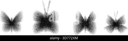 Butterfly y2k halftone icons. Grain noise gradient dots dust shapes. Retro stippling simple forms set. Black shade insect isolated. Vector spray paint Stock Vector