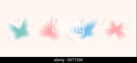 Y2K grain gradient butterfly icons. Dot gradation airbrush flying spray illustration for decoration graphic backgrounds. Vector vintage aesthetic grai Stock Vector