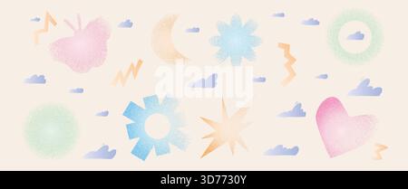 Colorful y2k shapes with grain noise gradient set. Y2k stippling flower, heart, basic forms. Butterfly, moon, circle, heart and star icons isolated on Stock Vector