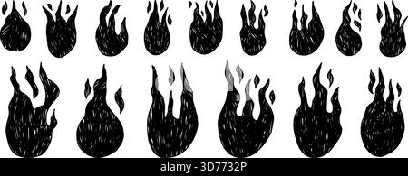 Charcoal or brush ink campfire set. Vector flame illustrations with crayon and charcoal effects. Collection of rough grunge textured blazing icon shap Stock Vector