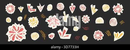 Colorful fireworks sticker. Collage paper pieces with hand-drawn stars, confetti bursts, and playful doodle elements. Vibrant pattern perfect for fest Stock Vector