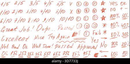 School exam marks icons. Teacher note hand drawn red set. Crayon drawn exam scribbles symbols. Educational marks, score, test results and excellent wo Stock Vector