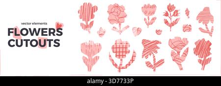 Flowers cutout pink set. Scrapbook naive floral elements. Pink collage daisy, poppy, tulip and wildflower shapes. Scrap doodles with handmade texture. Stock Vector