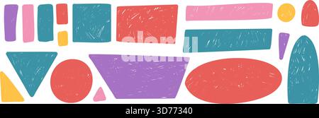 Set of crayon red, blue geometric shape set. Irregular childish frames pack. Texboxes in arch, lines highlight, circle and square forms. Vector hand d Stock Vector
