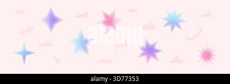 Y2K stars noise gradient pattern. Grain gradation twinkles and sparks dot airbrush spray shapes with clouds. Blinks blue and purple transition colors. Stock Vector