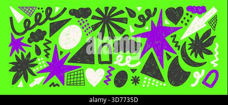 Abstract geometric neon colors shapes marker drawn sticker Collage doodle punk oval, twinkle, heart and grid set. Vector hand-drawn elements on green Stock Vector